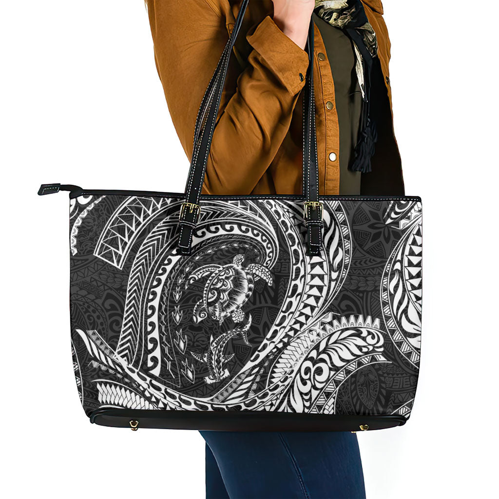 Hawaiian Turtle and Shark Leather Tote Bag Kakau Tribal with Polynesian Pattern Black Color