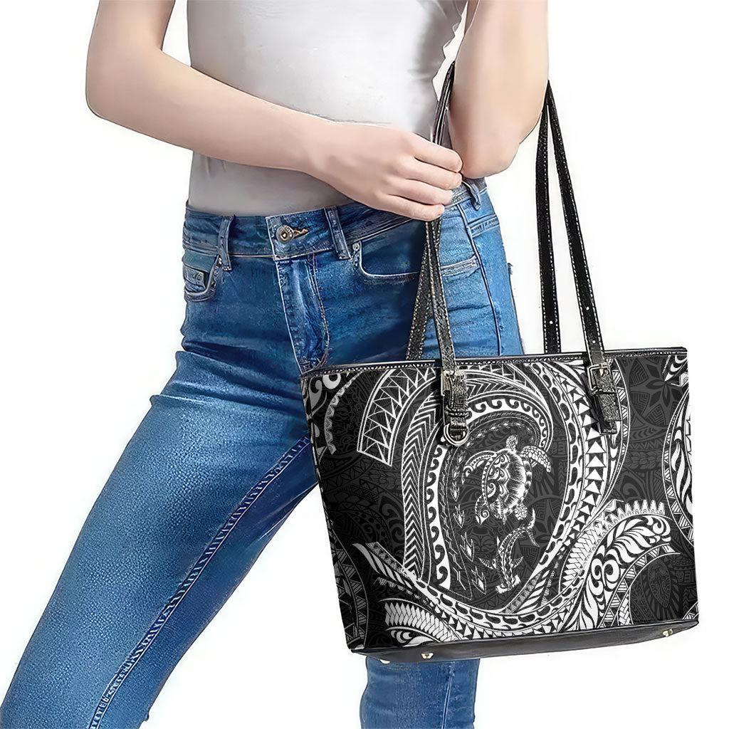 Hawaiian Turtle and Shark Leather Tote Bag Kakau Tribal with Polynesian Pattern Black Color