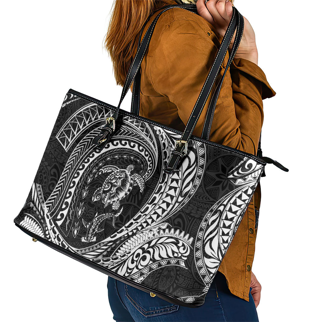 Hawaiian Turtle and Shark Leather Tote Bag Kakau Tribal with Polynesian Pattern Black Color
