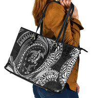 Hawaiian Turtle and Shark Leather Tote Bag Kakau Tribal with Polynesian Pattern Black Color