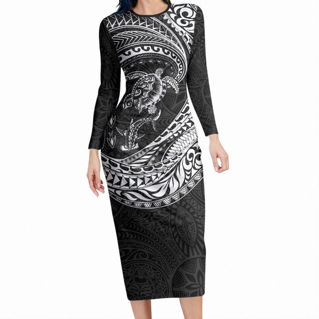 Hawaiian Turtle and Shark Long Sleeve Bodycon Dress Kakau Tribal with Polynesian Pattern Black Color