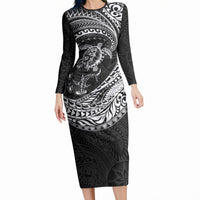 Hawaiian Turtle and Shark Long Sleeve Bodycon Dress Kakau Tribal with Polynesian Pattern Black Color