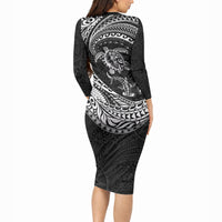Hawaiian Turtle and Shark Long Sleeve Bodycon Dress Kakau Tribal with Polynesian Pattern Black Color