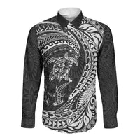 Hawaiian Turtle and Shark Long Sleeve Button Shirt Kakau Tribal with Polynesian Pattern Black Color