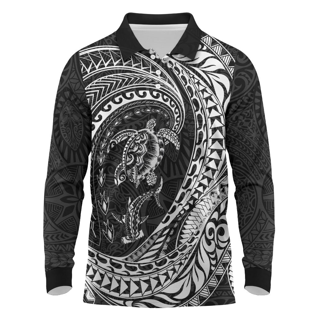 Hawaiian Turtle and Shark Long Sleeve Polo Shirt Kakau Tribal with Polynesian Pattern Black Color