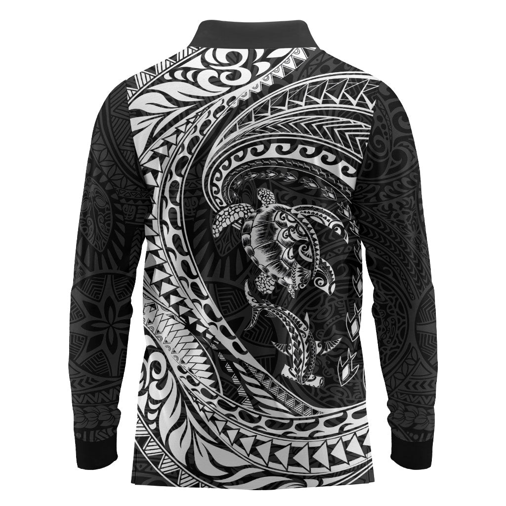 Hawaiian Turtle and Shark Long Sleeve Polo Shirt Kakau Tribal with Polynesian Pattern Black Color