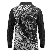 Hawaiian Turtle and Shark Long Sleeve Polo Shirt Kakau Tribal with Polynesian Pattern Black Color
