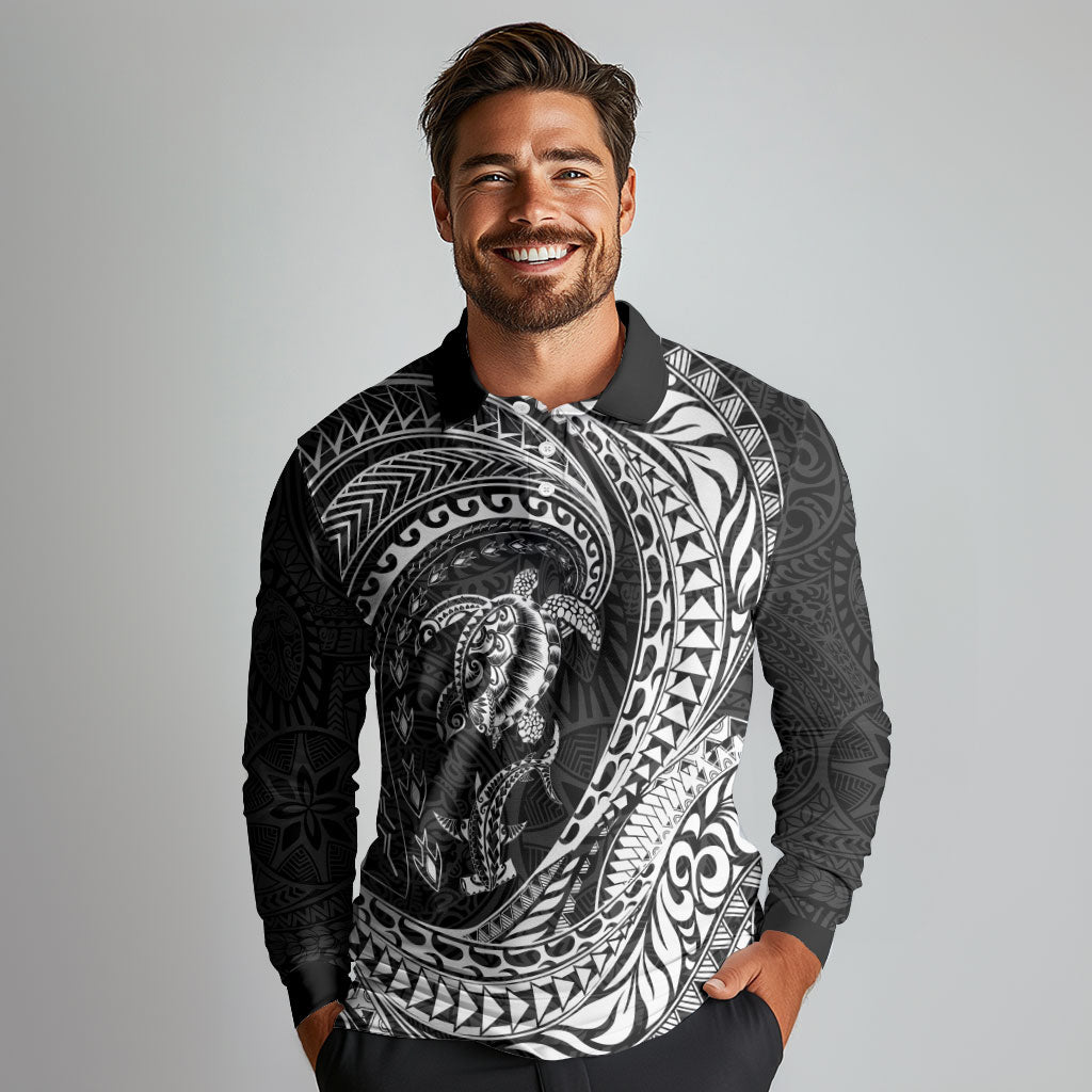 Hawaiian Turtle and Shark Long Sleeve Polo Shirt Kakau Tribal with Polynesian Pattern Black Color