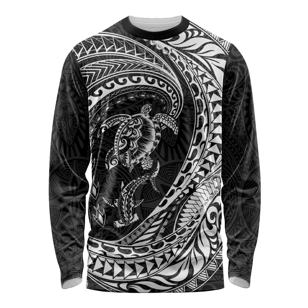 Hawaiian Turtle and Shark Long Sleeve Shirt Kakau Tribal with Polynesian Pattern Black Color