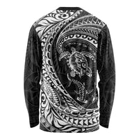 Hawaiian Turtle and Shark Long Sleeve Shirt Kakau Tribal with Polynesian Pattern Black Color