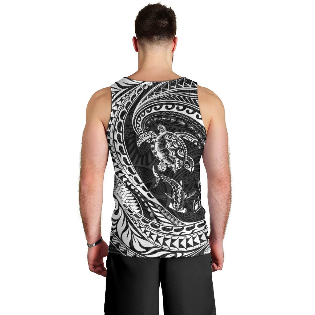 Hawaiian Turtle and Shark Men Tank Top Kakau Tribal with Polynesian Pattern Black Color