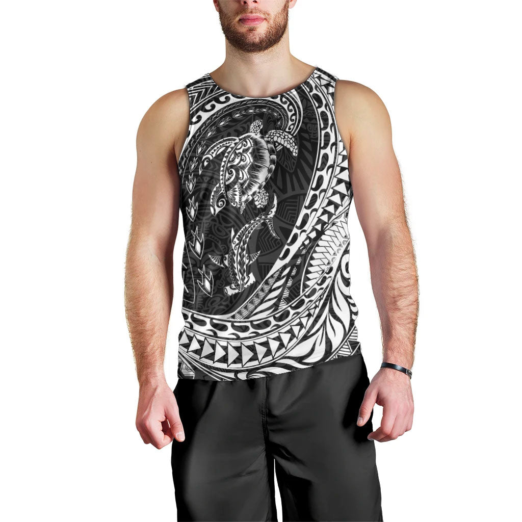 Hawaiian Turtle and Shark Men Tank Top Kakau Tribal with Polynesian Pattern Black Color