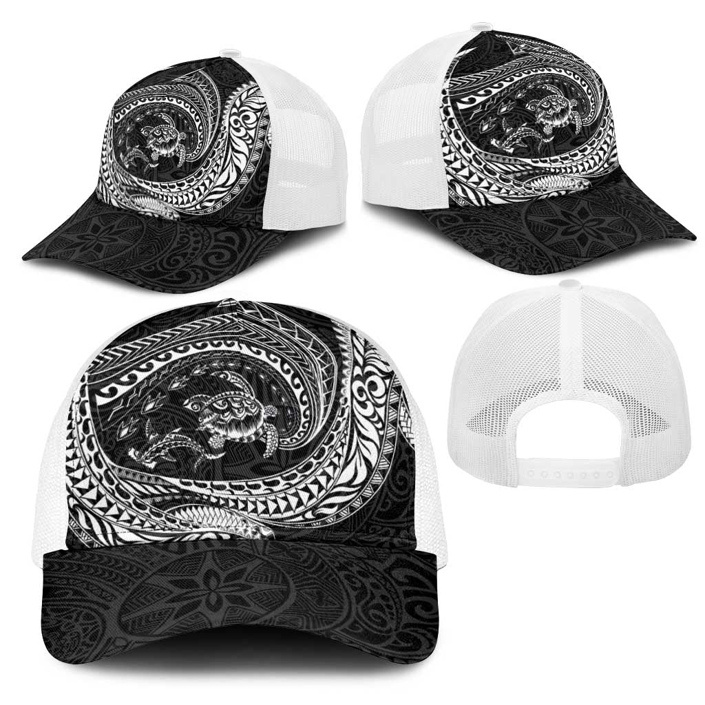 Hawaiian Turtle and Shark Mesh Trucker Cap Kakau Tribal with Polynesian Pattern Black Color