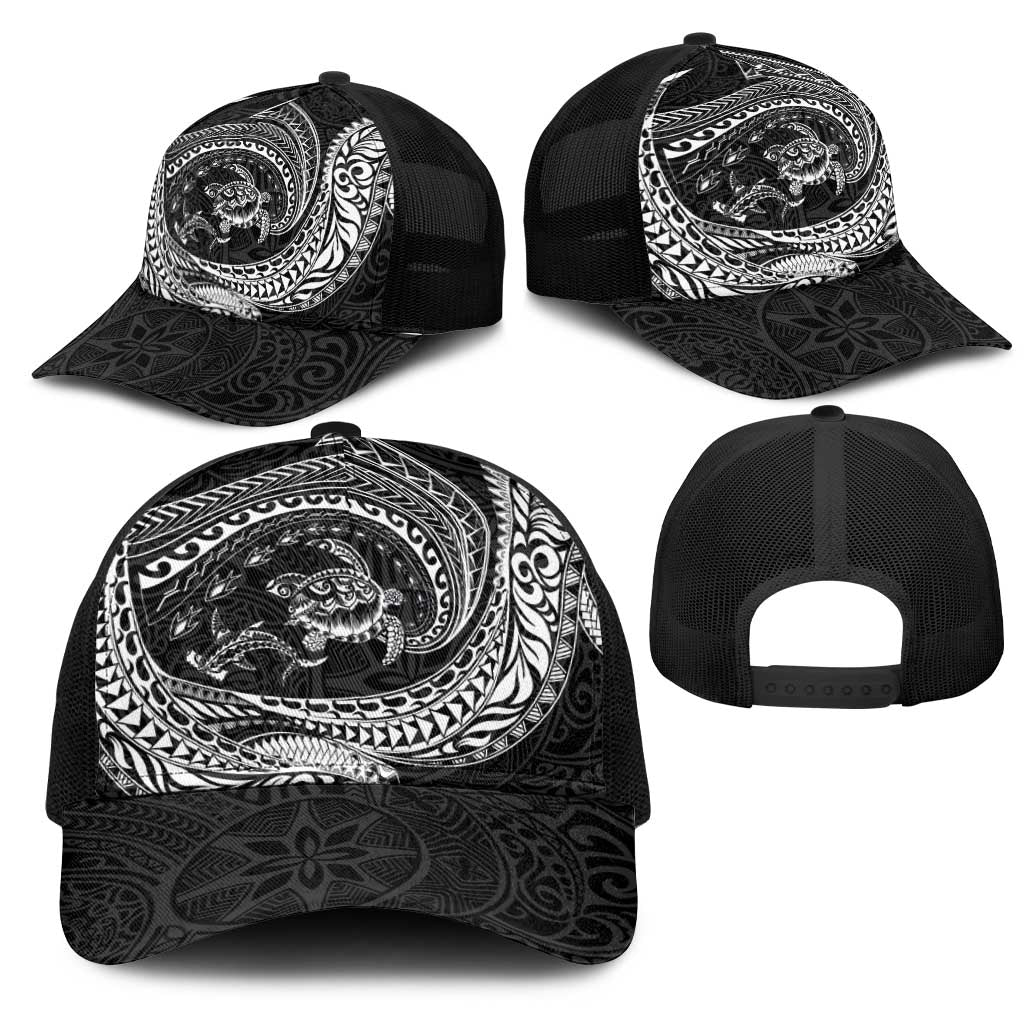 Hawaiian Turtle and Shark Mesh Trucker Cap Kakau Tribal with Polynesian Pattern Black Color