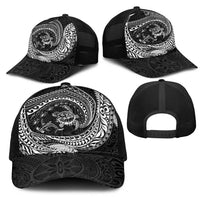 Hawaiian Turtle and Shark Mesh Trucker Cap Kakau Tribal with Polynesian Pattern Black Color