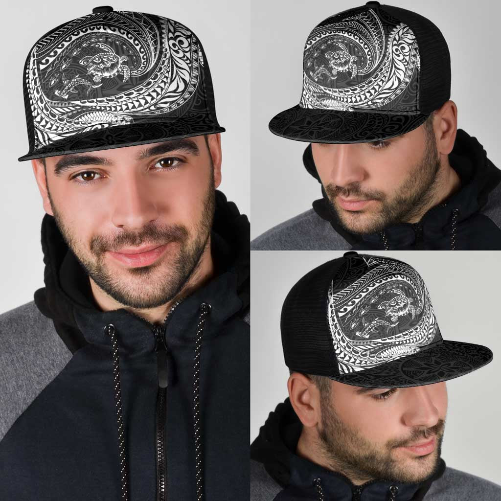 Hawaiian Turtle and Shark Mesh Trucker Cap Kakau Tribal with Polynesian Pattern Black Color