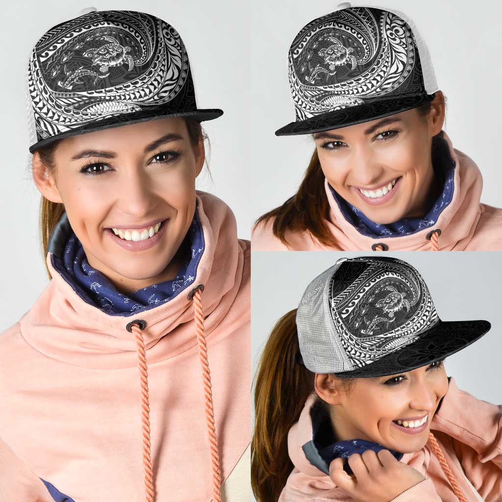Hawaiian Turtle and Shark Mesh Trucker Cap Kakau Tribal with Polynesian Pattern Black Color