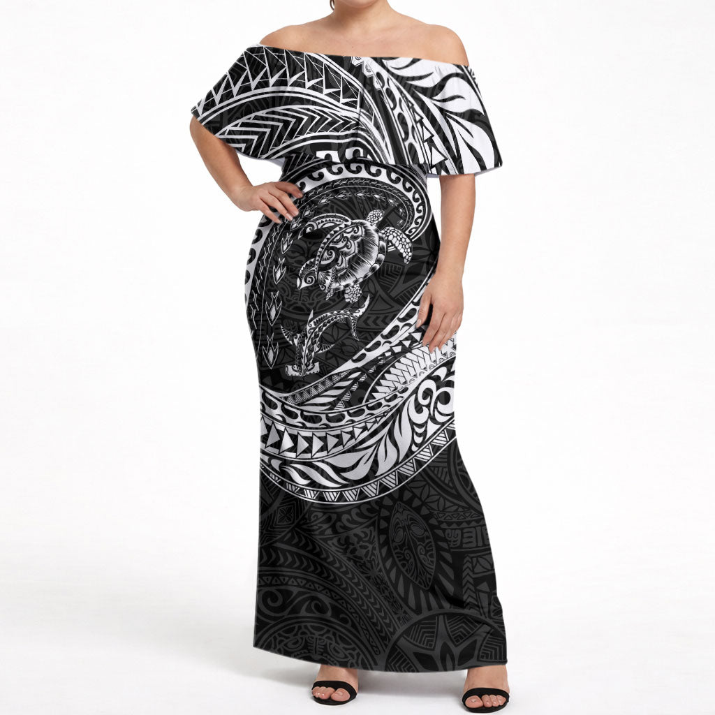 Hawaiian Turtle and Shark Off Shoulder Maxi Dress Kakau Tribal with Polynesian Pattern Black Color