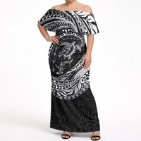Hawaiian Turtle and Shark Off Shoulder Maxi Dress Kakau Tribal with Polynesian Pattern Black Color