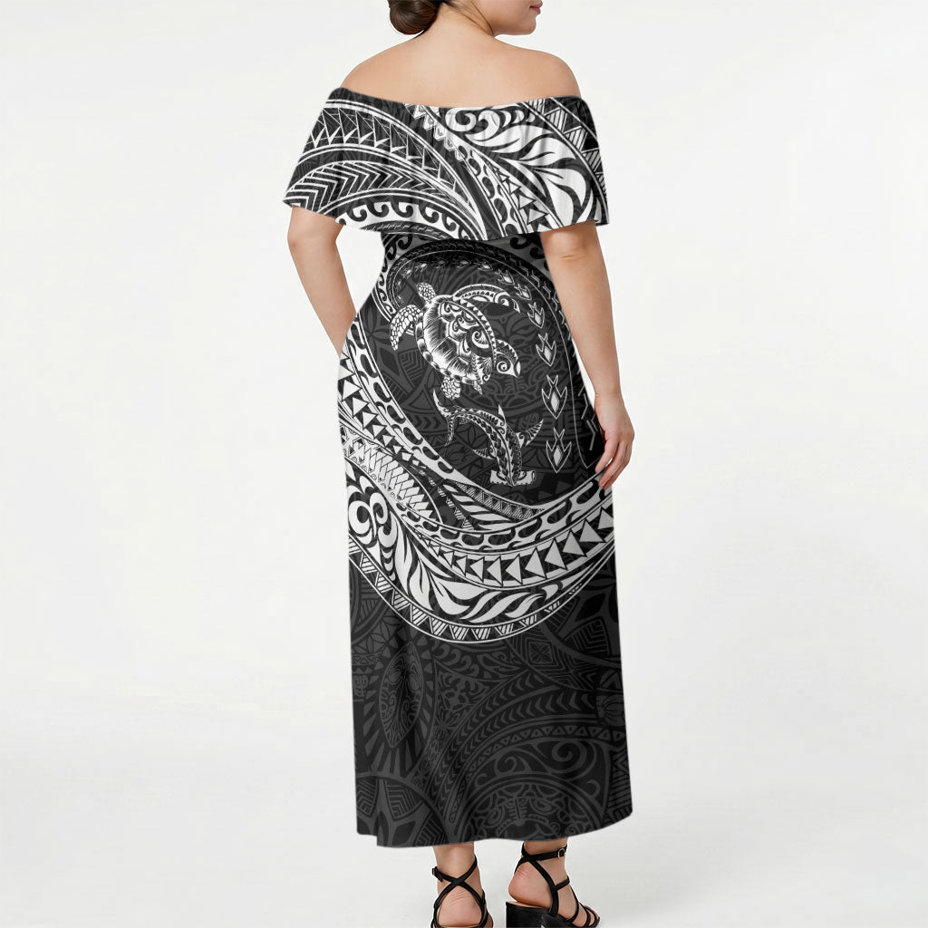 Hawaiian Turtle and Shark Off Shoulder Maxi Dress Kakau Tribal with Polynesian Pattern Black Color