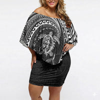 Hawaiian Turtle and Shark Off Shoulder Short Dress Kakau Tribal with Polynesian Pattern Black Color