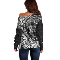 Hawaiian Turtle and Shark Off Shoulder Sweater Kakau Tribal with Polynesian Pattern Black Color