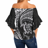 Hawaiian Turtle and Shark Off Shoulder Wrap Waist Top Kakau Tribal with Polynesian Pattern Black Color