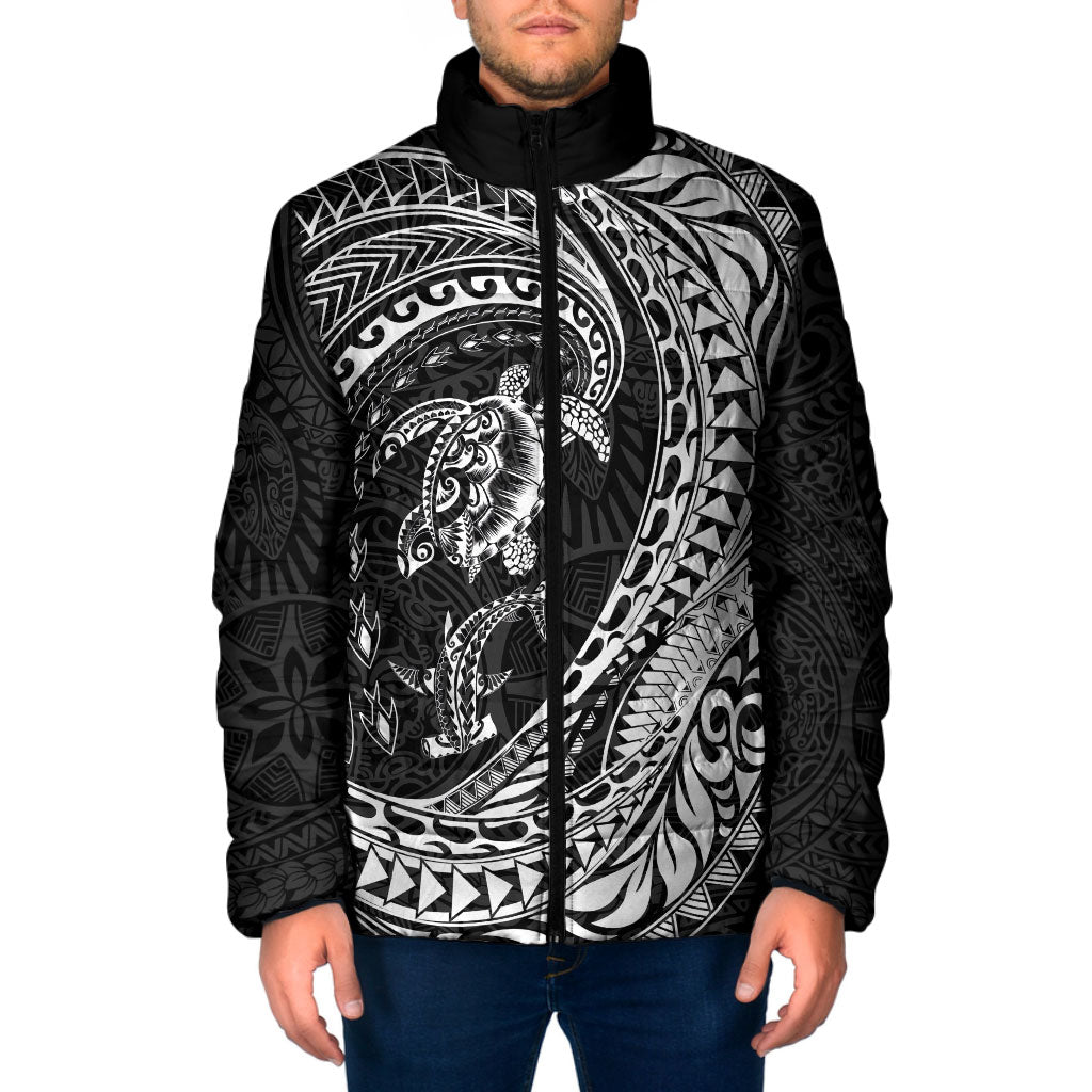 Hawaiian Turtle and Shark Padded Jacket Kakau Tribal with Polynesian Pattern Black Color