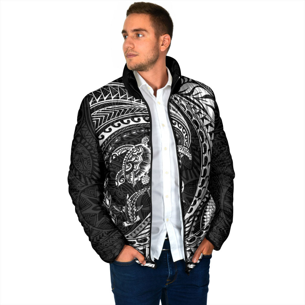 Hawaiian Turtle and Shark Padded Jacket Kakau Tribal with Polynesian Pattern Black Color