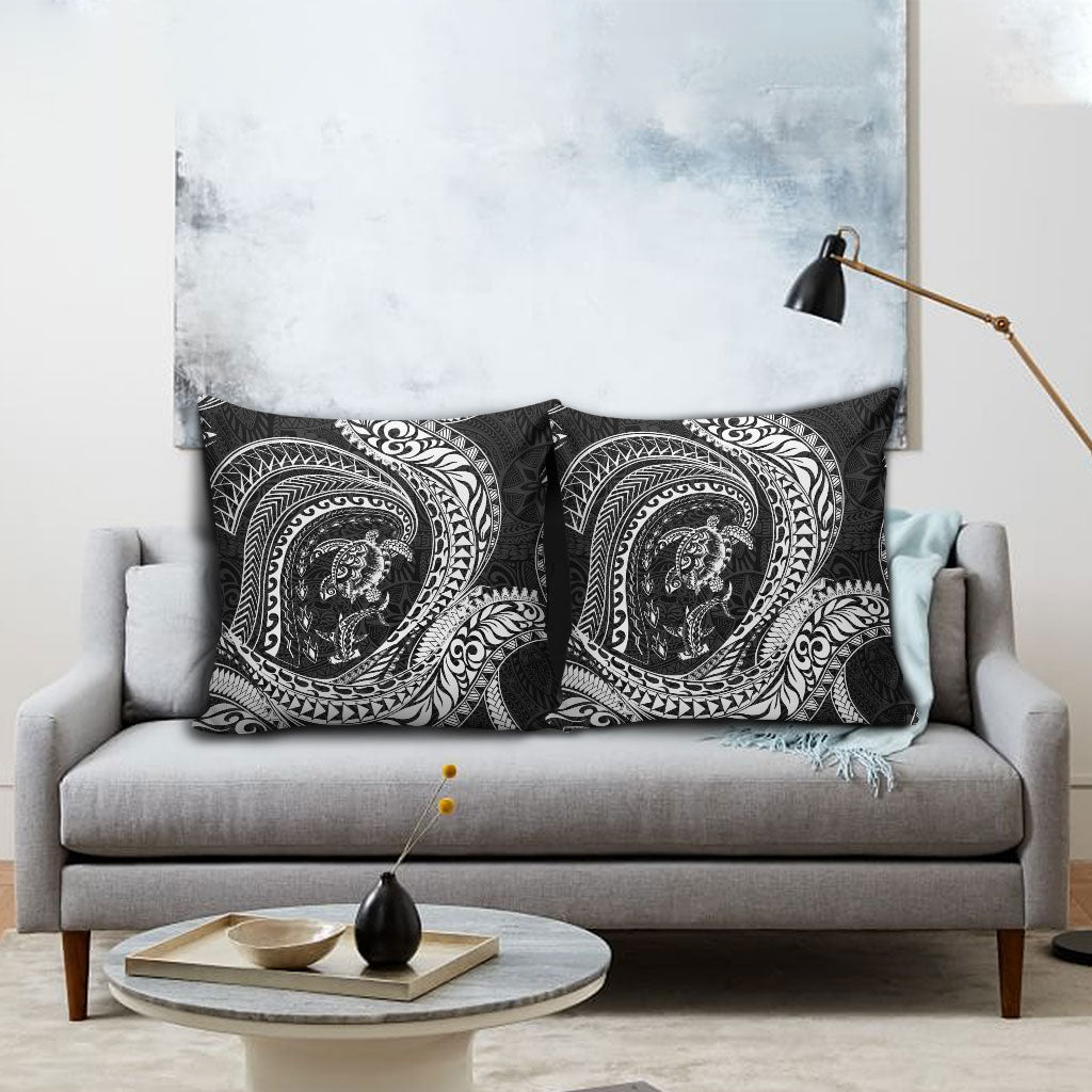 Hawaiian Turtle and Shark Pillow Cover Kakau Tribal with Polynesian Pattern Black Color