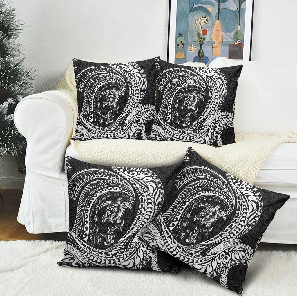 Hawaiian Turtle and Shark Pillow Cover Kakau Tribal with Polynesian Pattern Black Color