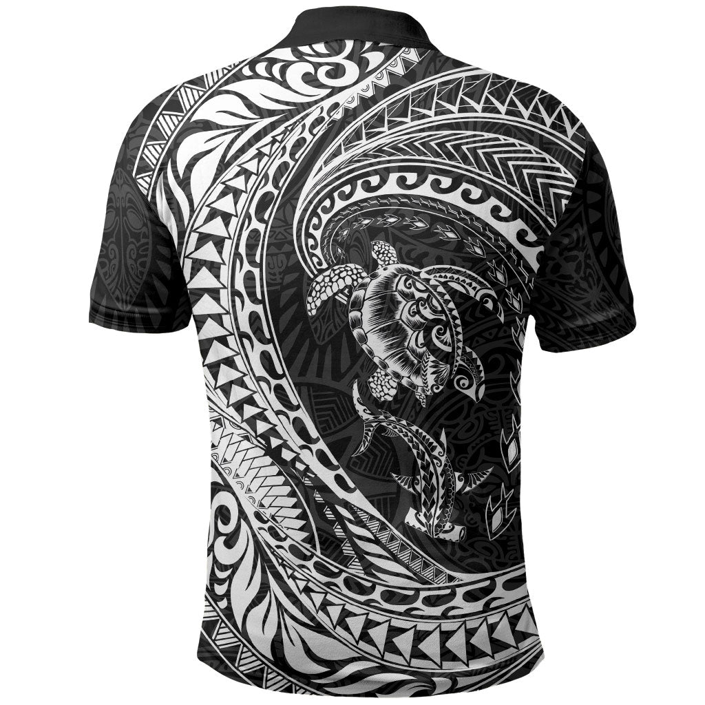 Hawaiian Turtle and Shark Polo Shirt Kakau Tribal with Polynesian Pattern Black Color