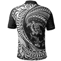 Hawaiian Turtle and Shark Polo Shirt Kakau Tribal with Polynesian Pattern Black Color