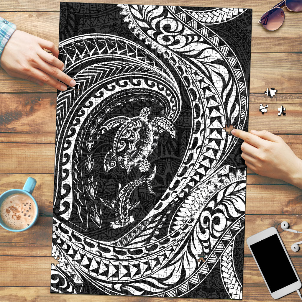 Hawaiian Turtle and Shark Puzzle Kakau Tribal with Polynesian Pattern Black Color