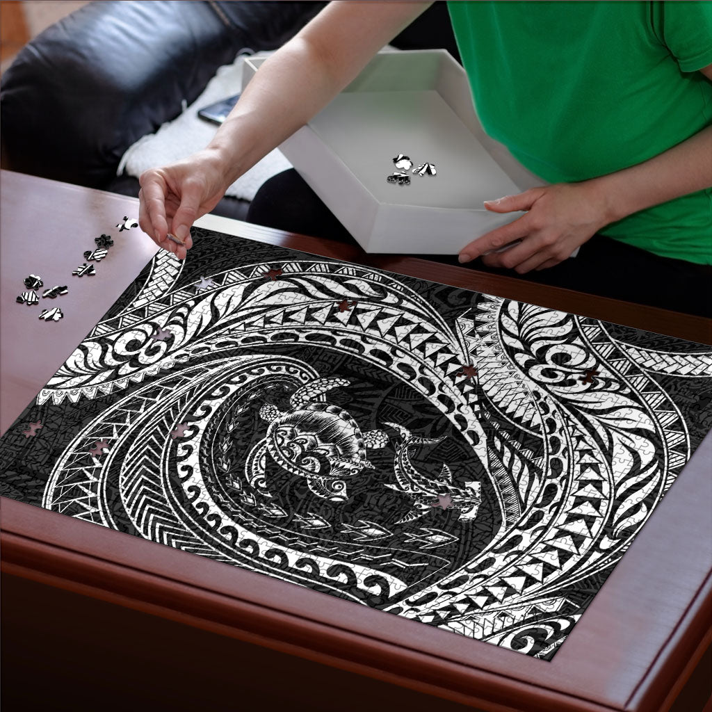 Hawaiian Turtle and Shark Puzzle Kakau Tribal with Polynesian Pattern Black Color
