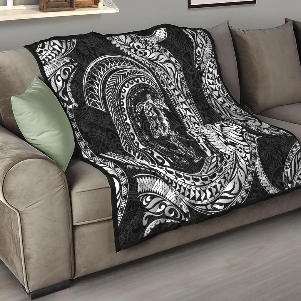 Hawaiian Turtle and Shark Quilt Kakau Tribal with Polynesian Pattern Black Color