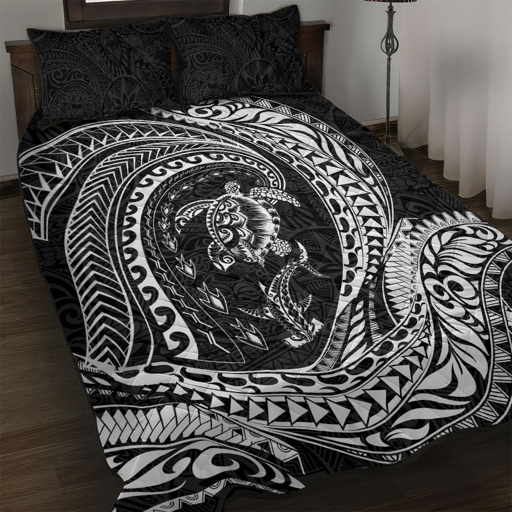 Hawaiian Turtle and Shark Quilt Bed Set Kakau Tribal with Polynesian Pattern Black Color