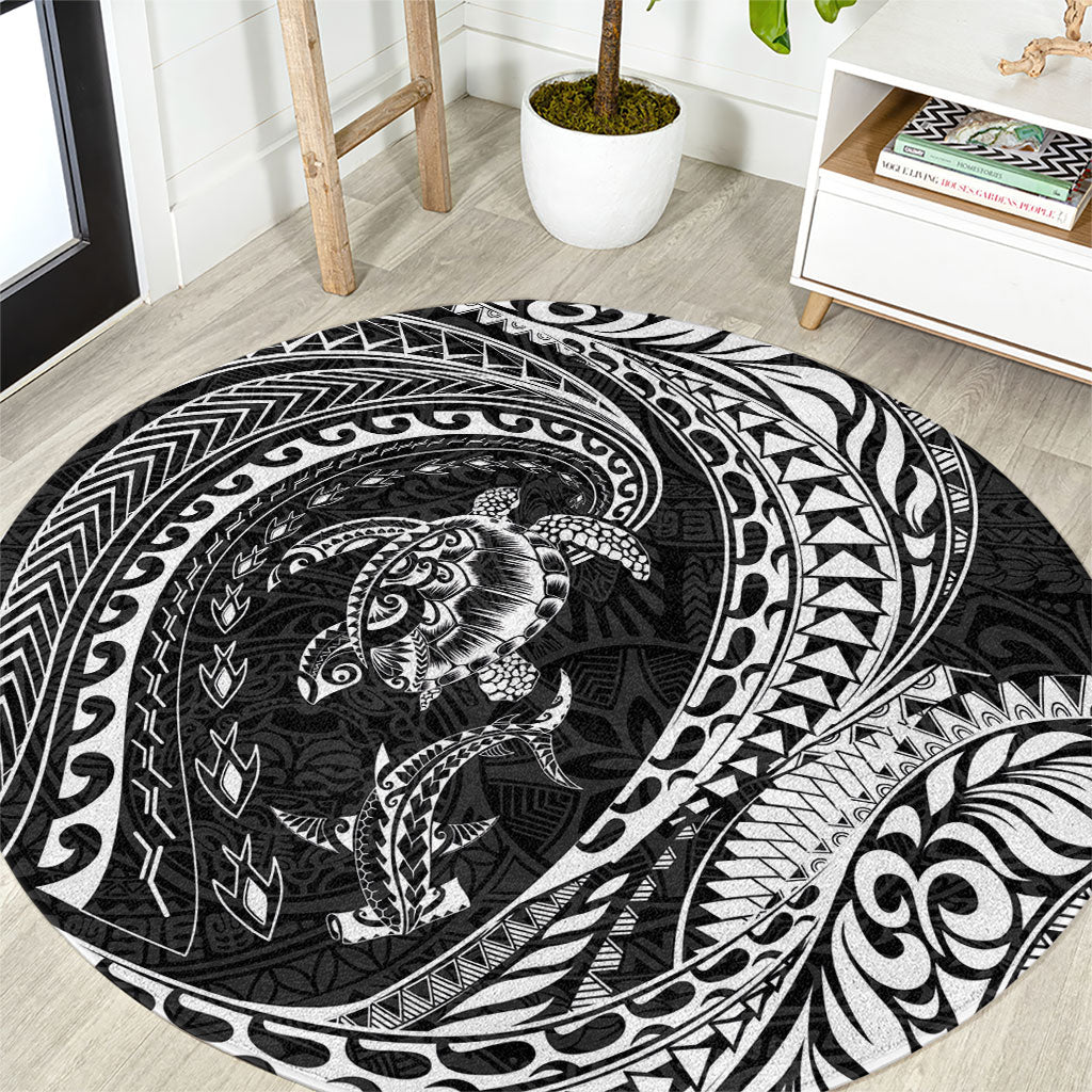 Hawaiian Turtle and Shark Round Carpet Kakau Tribal with Polynesian Pattern Black Color