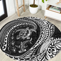 Hawaiian Turtle and Shark Round Carpet Kakau Tribal with Polynesian Pattern Black Color
