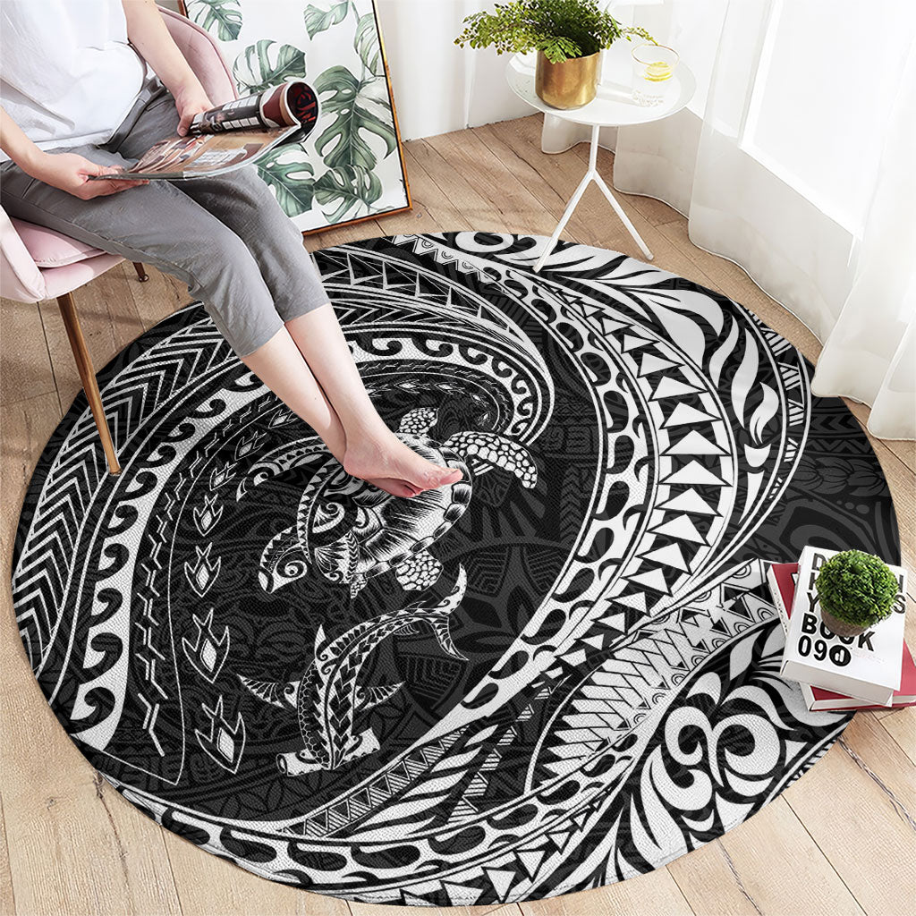 Hawaiian Turtle and Shark Round Carpet Kakau Tribal with Polynesian Pattern Black Color