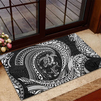 Hawaiian Turtle and Shark Rubber Doormat Kakau Tribal with Polynesian Pattern Black Color