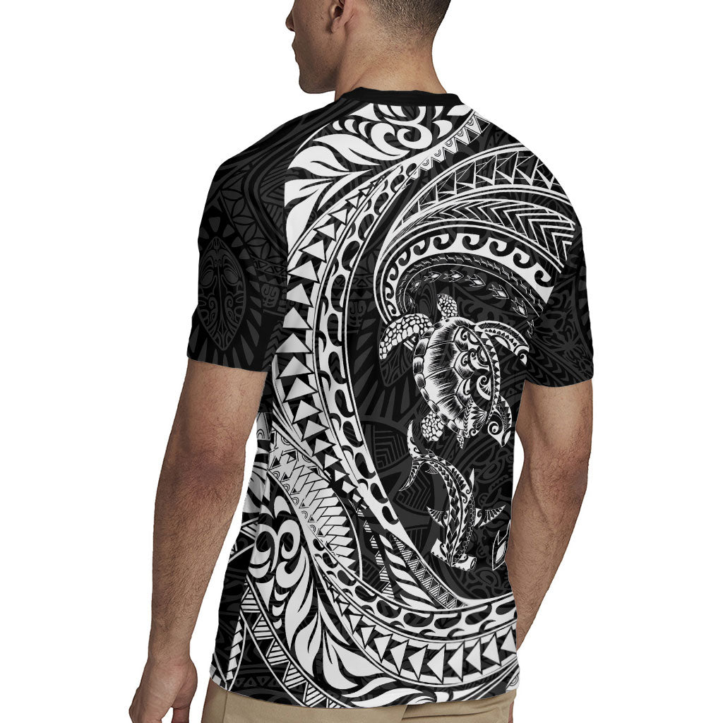 Hawaiian Turtle and Shark Rugby Jersey Kakau Tribal with Polynesian Pattern Black Color