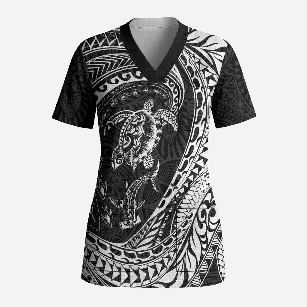 Hawaiian Turtle and Shark Scrub Top Kakau Tribal with Polynesian Pattern Black Color