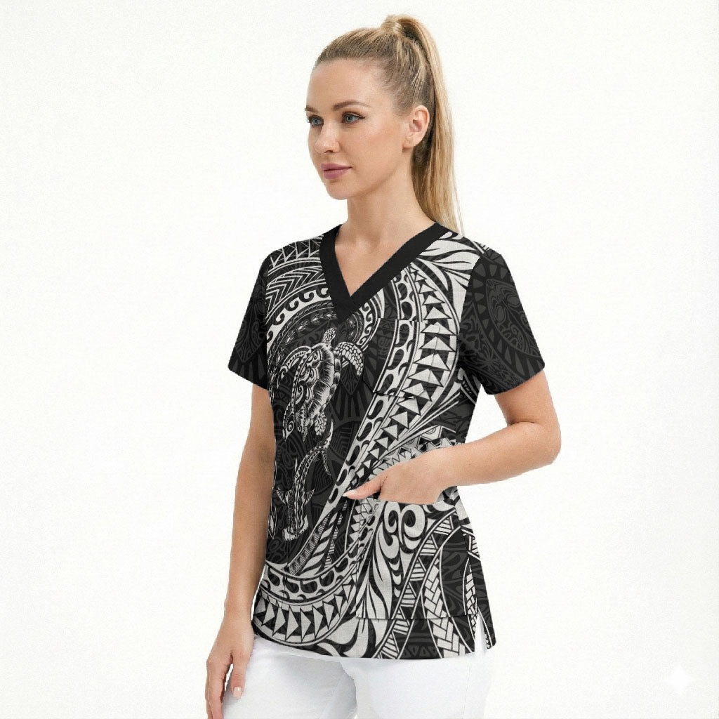 Hawaiian Turtle and Shark Scrub Top Kakau Tribal with Polynesian Pattern Black Color