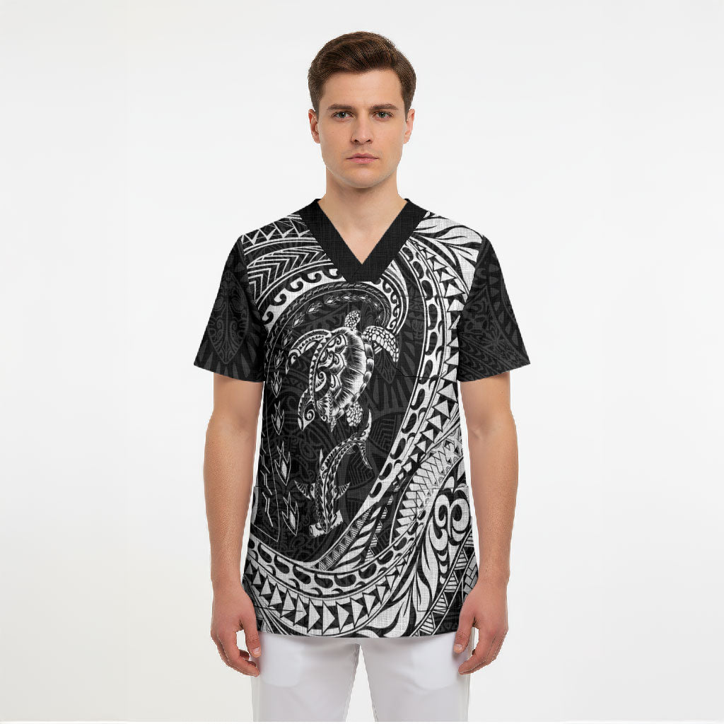 Hawaiian Turtle and Shark Scrub Top Kakau Tribal with Polynesian Pattern Black Color