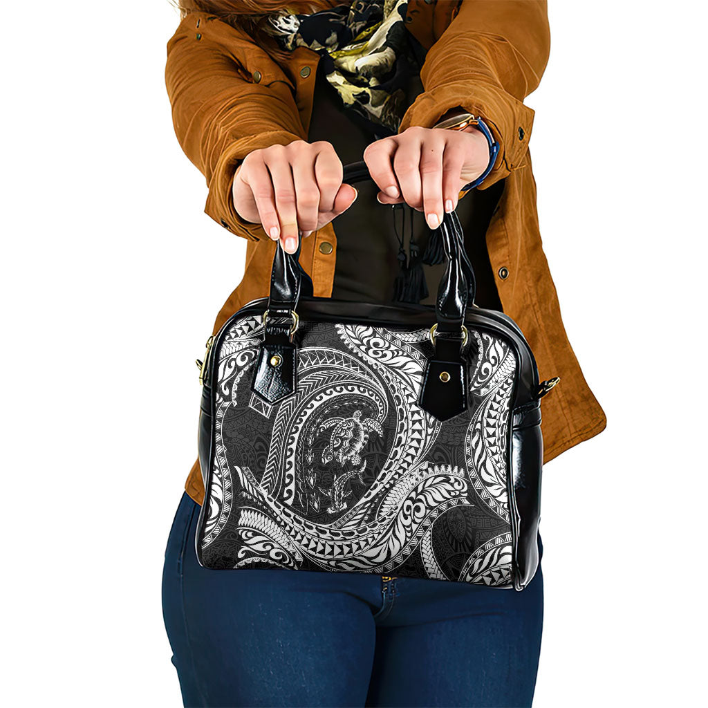 Hawaiian Turtle and Shark Shoulder Handbag Kakau Tribal with Polynesian Pattern Black Color