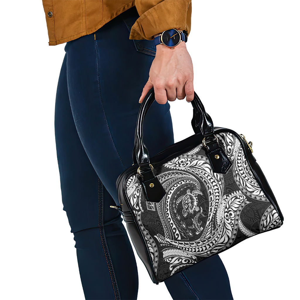 Hawaiian Turtle and Shark Shoulder Handbag Kakau Tribal with Polynesian Pattern Black Color