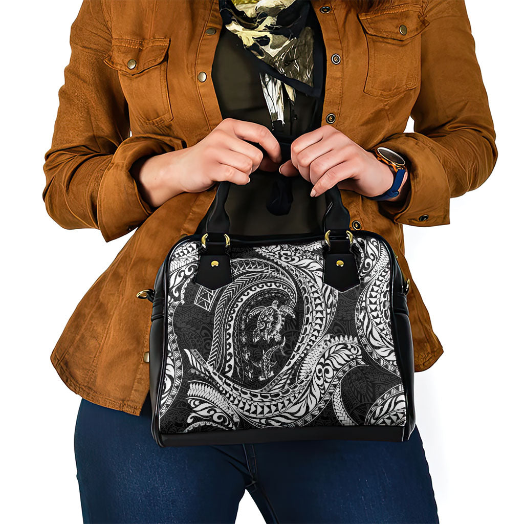 Hawaiian Turtle and Shark Shoulder Handbag Kakau Tribal with Polynesian Pattern Black Color