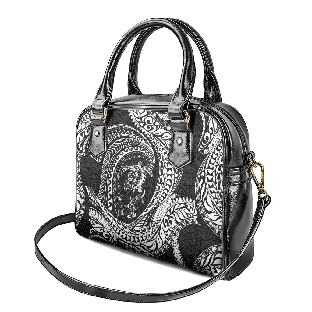 Hawaiian Turtle and Shark Shoulder Handbag Kakau Tribal with Polynesian Pattern Black Color