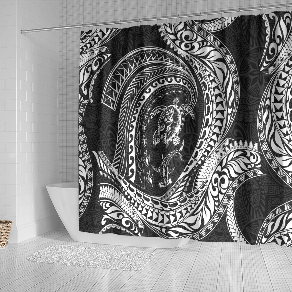 Hawaiian Turtle and Shark Shower Curtain Kakau Tribal with Polynesian Pattern Black Color
